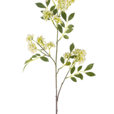 De Kunstbloem Wilde peen 102 cm crème heeft een enkele hoge steel met trosjes kleine crème bloemen en verschillende groene, gekartelde bladeren tegen een witte achtergrond.