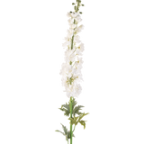 De Kunstbloem Ridderspoor 137 cm wit is een hoge kunstspoorstengel met meerdere kleine witte bloemen over de lengte en groene bladeren aan de basis, tegen een effen witte achtergrond.