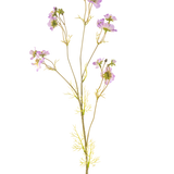 De Kunstbloem Cosmos 95 cm lila heeft een tere steel met meerdere lichtpaarse bloemen en kleine groene blaadjes, prachtig tegen een effen witte achtergrond.