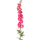 Een enkele Kunstbloem Ridderspoor 137 cm in felroze met groene bladeren, geïsoleerd op een witte achtergrond.