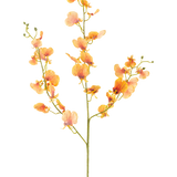 De Kunstbloem Orchidee 98 cm geel heeft een enkele steel met meerdere takken gele orchidee bloemen en groene knoppen, tegen een effen witte achtergrond.