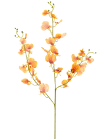 De Kunstbloem Orchidee 98 cm geel heeft een enkele steel met meerdere takken gele orchidee bloemen en groene knoppen, tegen een effen witte achtergrond.