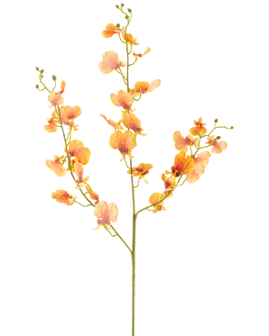 De Kunstbloem Orchidee 98 cm geel heeft een enkele steel met meerdere takken gele orchidee bloemen en groene knoppen, tegen een effen witte achtergrond.