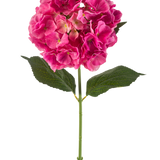 Een enkele stengel Kunstbloem Hortensia 75 cm felroze met trossen felroze bloemblaadjes en enkele groene blaadjes, tegen een effen witte achtergrond.