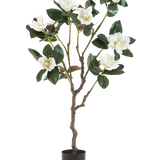 De Kunstplant Yulania 120 cm met bloem is een kunstmagnoliaboom in pot met meerdere takken, grote glanzende groene bladeren en verschillende witte bloemen tegen een effen witte achtergrond.