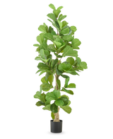 De Kunstplant Tabaksplant 210 cm is een hoge kunsttabaksplant met brede, glanzend groene bladeren in een zwarte pot, geïsoleerd afgebeeld op een witte achtergrond.