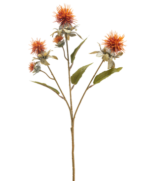 De Kunstbloem Saffloer 57 cm oud oranje heeft een enkele steel met drie stekelige, distelachtige oranje bloemen en verschillende groene bladeren, geïsoleerd op een witte achtergrond.