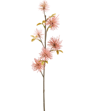 De Kunstbloem Xanthium 53 cm oud roze heeft een lange, slanke steel met piekerige roze kunstbloemen en groengele bladeren tegen een effen witte achtergrond.