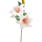 De Kunstbloem Lelie 66 cm wit/roze heeft een enkele steel met twee open witte en roze lelies, een gesloten gele knop en groene bladeren, tegen een effen witte achtergrond.