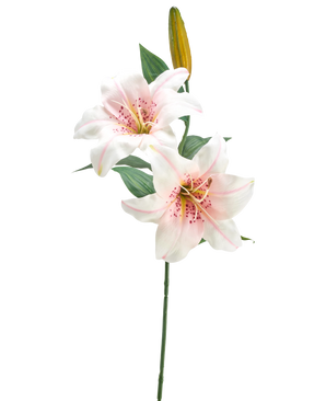 De Kunstbloem Lelie 66 cm wit/roze heeft een enkele steel met twee open witte en roze lelies, een gesloten gele knop en groene bladeren, tegen een effen witte achtergrond.