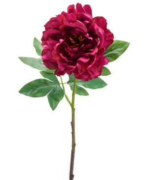 De Kunstbloem Pioenroos 61 cm paars is een enkele kunstpioenroos met grote, gelaagde paarse bloemblaadjes en meerdere groene bladeren, afgebeeld tegen een effen witte achtergrond.