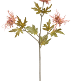 Een enkele stengel van Kunstbloem Distel 60 cm oranje met drie oranje, stekelige bloemen en verschillende gekartelde groene bladeren, geïsoleerd op een witte achtergrond.