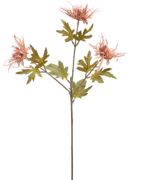 Een enkele stengel van Kunstbloem Distel 60 cm oranje met drie oranje, stekelige bloemen en verschillende gekartelde groene bladeren, geïsoleerd op een witte achtergrond.