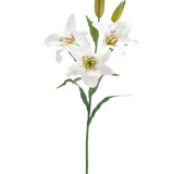 De Kunstbloem Lelie 78 cm wit heeft een enkele steel met drie open witte leliebloemen, een roze gespikkeld hart, twee gesloten knoppen en groene bladeren, tegen een effen witte achtergrond.