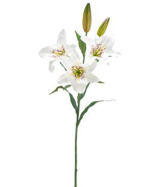 De Kunstbloem Lelie 78 cm wit heeft een enkele steel met drie open witte leliebloemen, een roze gespikkeld hart, twee gesloten knoppen en groene bladeren, tegen een effen witte achtergrond.
