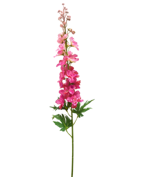 Een enkele stengel Kunstbloem Delphinium 79 cm fuchsia met levendige gelaagde bloesems, groene bladeren en ongeopende knoppen, tegen een witte achtergrond.