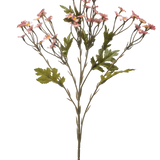 De Kunstbloem Mini Daisy 61 cm mauve is een enkele steel met meerdere takken, versierd met kleine mauve bloemen en groene bladeren, geïsoleerd op een witte achtergrond.
