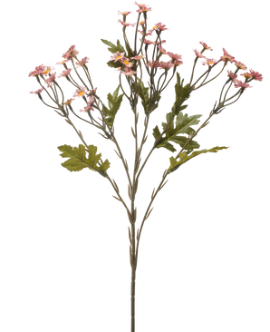 De Kunstbloem Mini Daisy 61 cm mauve is een enkele steel met meerdere takken, versierd met kleine mauve bloemen en groene bladeren, geïsoleerd op een witte achtergrond.