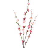 De Kunstbloem Bloesem 93 cm fuchsia/roze heeft drie slanke takken met kleine groene blaadjes en trossen fuchsia en roze bloesems, geïsoleerd op een witte achtergrond.