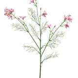 De Kunstbloem Wilde Delphinium 71 cm lichtroze heeft een enkele groene stengel met vederlichte blaadjes en verschillende trosjes tere lichtroze bloemen tegen een effen witte achtergrond.
