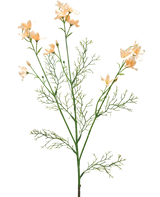De Kunstbloem Wilde Delphinium 71 cm licht crème heeft een delicate kunststengel met licht crèmekleurige bloemen en fijne, vederlichte groene bladeren, tegen een effen witte achtergrond.