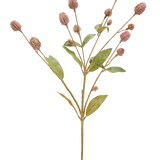 De Kunstbloem Globosa 69 cm mauve is een enkele kunststengel met meerdere takken, langwerpige groene bladeren en trosjes kleine mauve bloemknoppen, tegen een witte achtergrond.
