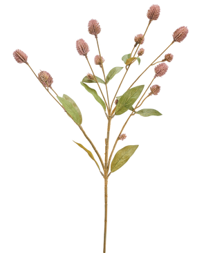 De Kunstbloem Globosa 69 cm mauve is een enkele kunststengel met meerdere takken, langwerpige groene bladeren en trosjes kleine mauve bloemknoppen, tegen een witte achtergrond.