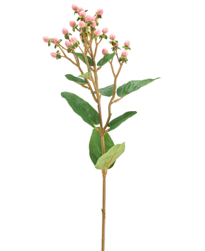 De Kunstbloem Hypericum 65 cm roze heeft trosjes kleine roze bloemknoppen en groene bladeren op een lange, slanke bruine stengel, tegen een effen witte achtergrond.