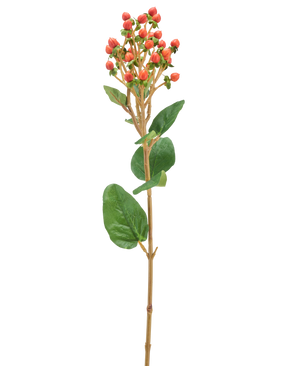 Een enkele Kunstbloem Hypericum van 65 cm met trossen kleine oranje/rode bessen en groene bladeren tegen een lichte achtergrond.