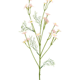 De Kunstbloem Wilde Bloem 68 cm lichtroze heeft een enkele groene steel met vederlichte bladeren en meerdere takken versierd met kleine, lichtroze bloemen, tegen een effen witte achtergrond.