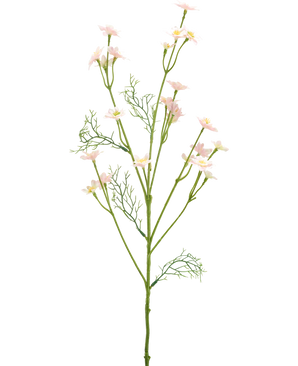 De Kunstbloem Wilde Bloem 68 cm lichtroze heeft een enkele groene steel met vederlichte bladeren en meerdere takken versierd met kleine, lichtroze bloemen, tegen een effen witte achtergrond.
