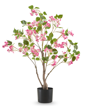 De Kunstplant Bougainvillea 90 cm is een kunstplant in pot met meerdere takken, groene bladeren en veel roze bloemen in een eenvoudige zwarte pot, afgebeeld tegen een effen witte achtergrond.