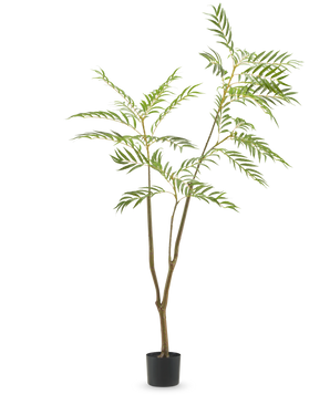 De Kunstplant Mahonia 150 cm is een hoge kunstboom in pot met slanke bruine stammen en lange, smalle groene bladeren, afgebeeld tegen een effen witte achtergrond.