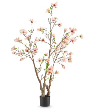 De Kunstplant Magnolia 180 cm is een kunstboom in pot met meerdere takken, lichtroze bloemen en groene bladeren tegen een effen witte achtergrond.