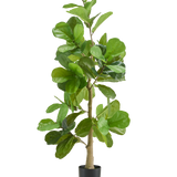 De Kunstplant Tabaksplant 150 cm is een hoge kunstplant met brede, glanzend groene bladeren en een slanke stam, weergegeven in een eenvoudige zwarte pot tegen een effen witte achtergrond.