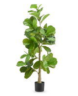 De Kunstplant Tabaksplant 150 cm is een hoge kunstplant met brede, glanzend groene bladeren en een slanke stam, weergegeven in een eenvoudige zwarte pot tegen een effen witte achtergrond.