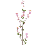 De Kunstbloem Bloemen 119 cm roze heeft een hoge enkele tak met kleine roze bloemen en groene bladeren op dunne bruine stelen, tegen een effen witte achtergrond.