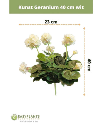 Kunst Geranium 40 cm wit: kunstplant met groene bladeren, hoogte 40 cm en breedte 23 cm, mooi weergegeven tegen een witte achtergrond met duidelijke maatvoering.