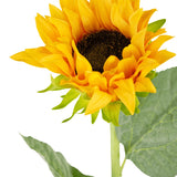 Een close-up van de Kunst Zonnebloem Real Touch 61cm, met een levendige gele zonnebloem met een donkerbruin hart en groene bladeren tegen een witte achtergrond.