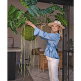 Een glimlachende vrouw in een blauwe blouse, witte broek en hoed toont de Kunst hangplant Monstera Deluxe 80 cm met slingerende groene wijnranken, die een tropische sfeer brengt in de lichte binnenruimte met glazen wanden en rotan meubilair.