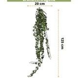 De Kunst klimop hangplant 125 cm brandvertragend is afgebeeld tegen een witte achtergrond met maataanduidingen en het Easyplants Kunstplanten logo onderaan.