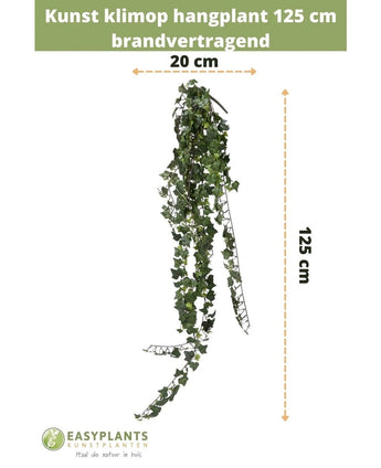 De Kunst klimop hangplant 125 cm brandvertragend is afgebeeld tegen een witte achtergrond met maataanduidingen en het Easyplants Kunstplanten logo onderaan.