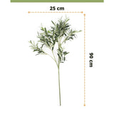 Brandvertragend kunst olijfblad 90 cm met groene bladeren, ideaal als mediterrane decoratie. UV-bestendig en 25 cm breed. Tekst: Kunst olijfblad 90 cm brandvertragend. EASYPLANTS-logo onderaan.
