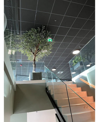 Een moderne binnentrap met glazen leuningen leidt naar een overloop met daarop de Kunst Olijfboom met olijven (270 cm) in een grote pot, geplaatst onder een plafond met rasterpatroon, inbouwverlichting en een zichtbaar groen nooduitgangbord.