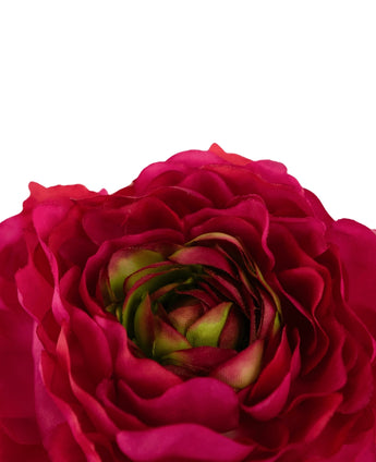 Close-up van de Kunstbloem Ranonkel 51 cm donkerroze, met levendige dieproze kunstbloemblaadjes en groene centrumaccenten, tegen een effen witte achtergrond.