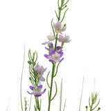 De Kunstgras Gierst Uien graspot 90cm brandvertragend heeft hoge groene stelen met slanke bladeren en kleine, vijfbladerige paarse en witte bloemen verspreid langs de stelen, prachtig weergegeven tegen een witte achtergrond.