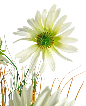 Een close-up van de Kunstgras chrysant uienpot 90cm brandvertragend, met een witte margrietachtige bloem met een groen hart temidden van dunne groene en bruine grasachtige stengels, alles tegen een witte achtergrond.