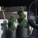 Twee Kunst Buxus Spiraal Romeinse stijl UV 120cm vormsnoeiplanten in plantenbakken met zwarte textuur staan buiten op een betonnen trede, met een moderne schommelstoel en beige bank zichtbaar op de achtergrond.