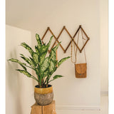 Een Kunstplant Dieffenbachia UV 75 cm in een stijlvolle pot staat op een rustiek houten krukje in een minimalistische kamer. Daarachter houdt een uitklapbare houten kapstok een bruine leren tas en een ketting aan de muur.