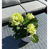 De Kunstplant Hortensia Groen UV 35 cm met lichtgroene bloemen staat op een grijze rieten buitentafel, voor een grijze sofa met kussens. Zonlicht belicht de kunstplant en werpt schaduwen over de tafel.